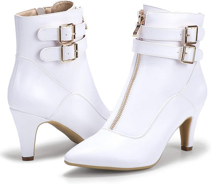 Women'S Pointed Toe Metal Buckle Two Strap Ankle Booties Side Zipper Kitten Heel Dress Classic Short Boots